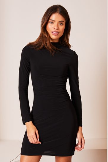 Lipsy Black Long Sleeve Draped Jersey Mini Dress