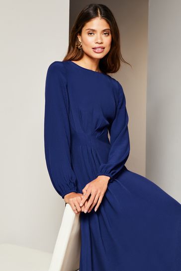 Buy Lipsy Navy Blue Petite Long Sleeve Asymmetric Pleated Midi 