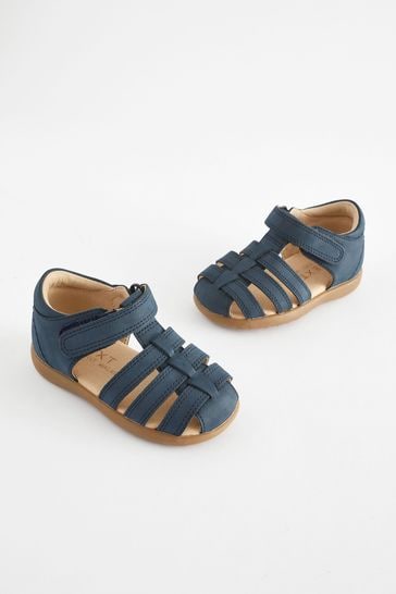 Navy Standard Fit (F) Baby Touch Fastening Leather First Walker Sandals