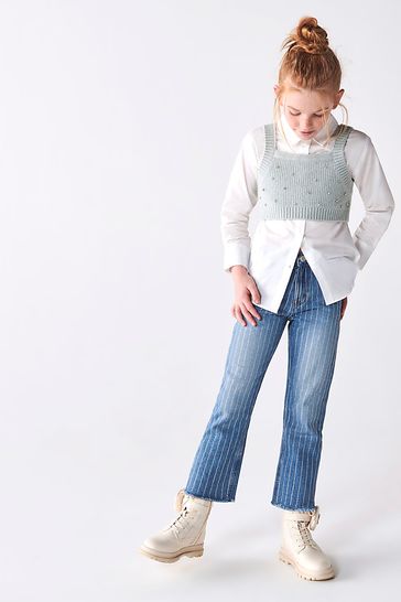 River Island Blue Girls Diamante Stripe Straight Jeans