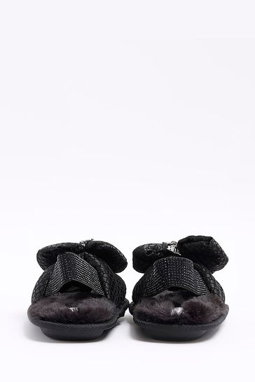 River Island Black Bow Monogram Girls Slippers