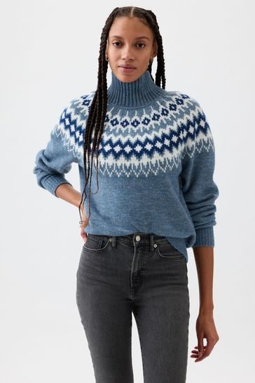 Gap Blue Relaxed Forever Cosy Fair Isle Turtle Neck Jumper