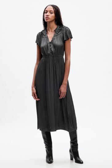 Gap Charcoal Grey Ruffle Neck Short Sleeve Midi Dress