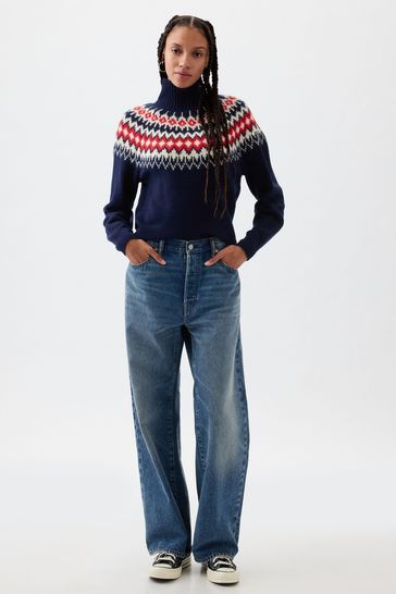 Gap Navy & Red Relaxed Forever Cosy Fair Isle Turtle Neck Jumper
