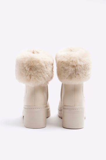 Buy River Island Cream Girls Faux Fur Cuff Heel Boots from Next
