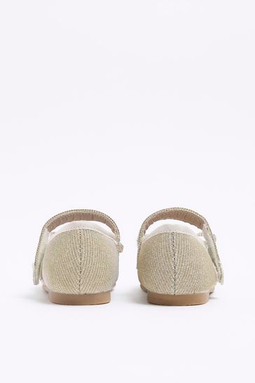 River Island Gold Girls Velvet Diamonte Strap Pumps