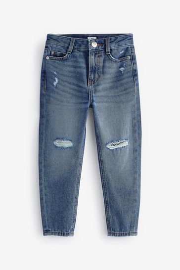 River Island Blue Mom Girls Diamante Fishnet Knee Jeans