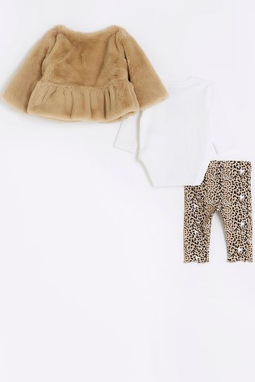 Buy River Island Brown Peplum Baby Girls Fur Bodysuit Legging