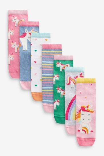 Pink, Green and blue Cotton Rich Unicorn Ankle Socks 7 Pack
