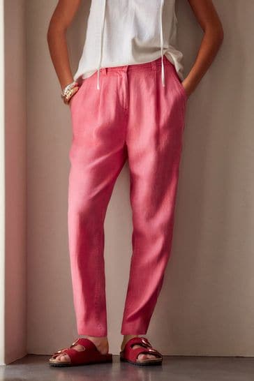 Pink Linen Blend Taper Trousers