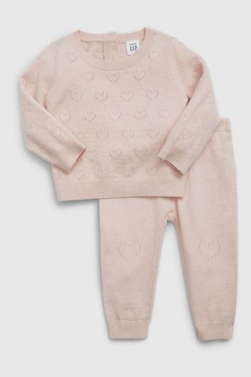 Gap Pink Heart Knit Jumper and Jogger Set (Newborn - 24mths)