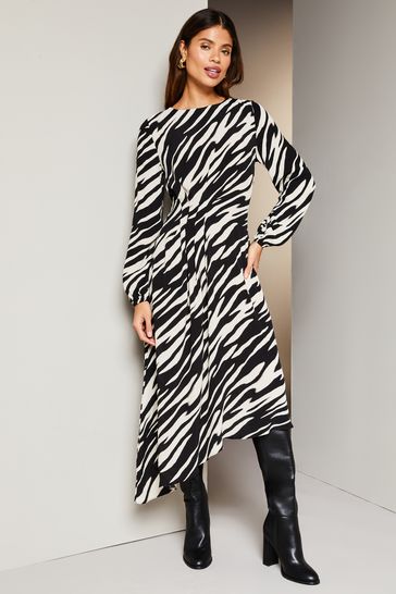 Lipsy Black/White Long Sleeve Asymmetric Hanky Hem Pleated Midi Dress