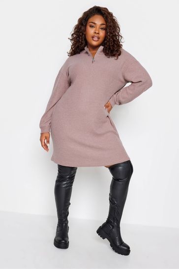 Yours Curve Pink Soft Touch Ribbed Half Zip Midi Dress