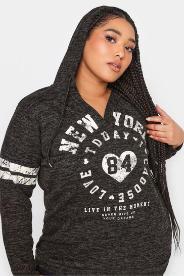 Buy Yours Curve Black Notch Neck Hooded Varsity Hoodie from Next