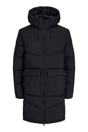 Bershka longline puffer coat with hood in black new arrivals