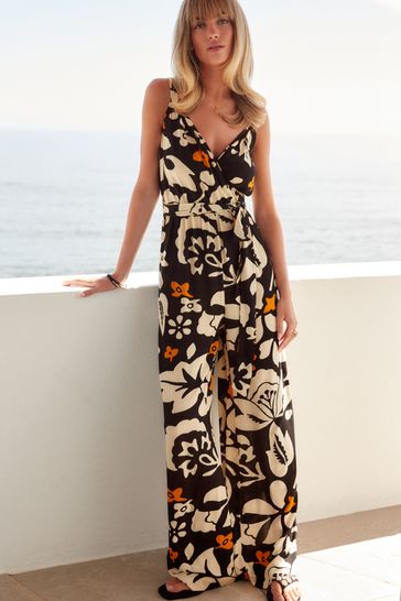 Monochrome Orange Floral V-Neck Belted Summer Wide Leg Jumpsuit