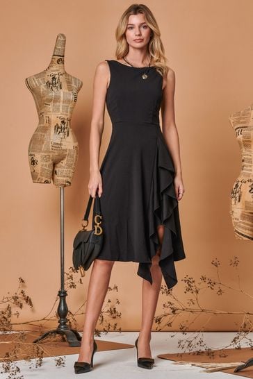 Jolie Moi Black Fit & Flare Ruffle Detail Midi Dress