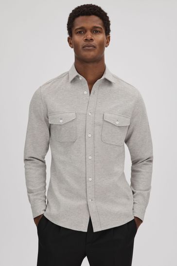Reiss Soft Grey Melange Ragan Textured Button-Through Shirt