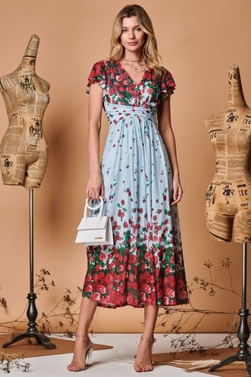 Jolie Moi Blue Symmetrical Floral Print Mesh Maxi Dress