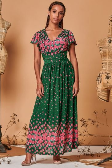 Jolie Moi Green Carlii Symmetrical Print Mesh Maxi Dress