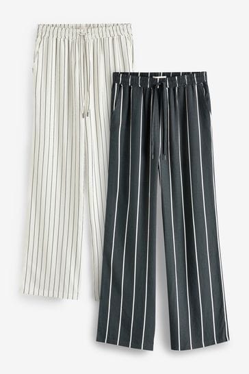 Black & White Stripe Linen Blend Trousers 2 Pack