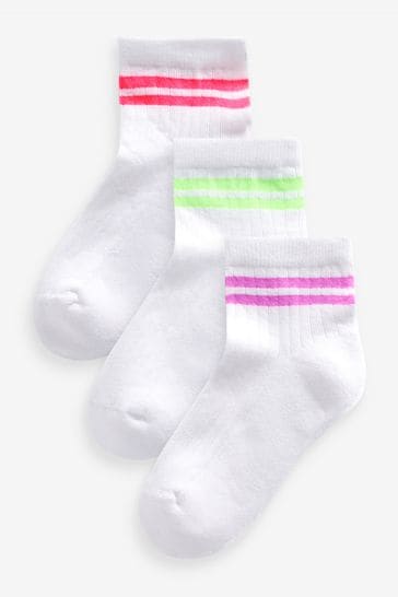 White with fluorescent stripe Cropped Length Cotton Rich Cushioned Sole Ankle Socks 3 Pack