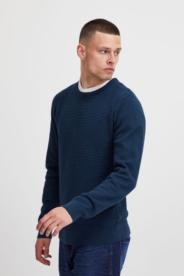 Blend Blue Textured Crew Neck Knitted Pullover Sweater