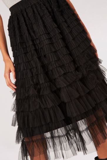 Apricot Black Tulle Layered Midi Skirt