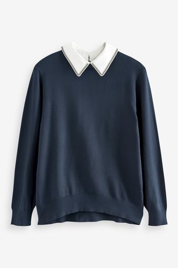 Blue sweater with white clearance collar