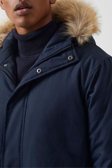 French Connection Blue Faux Fur Trim Long Length Parka Coat