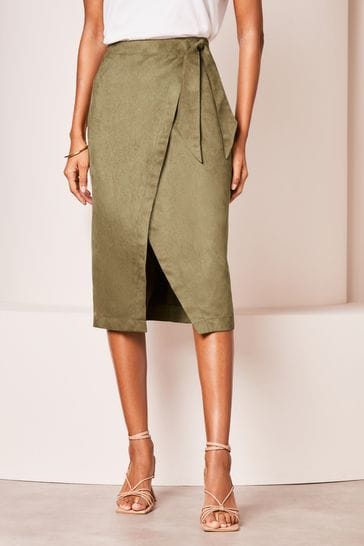 Lipsy Khaki Green Suedette Wrap Midi Skirt