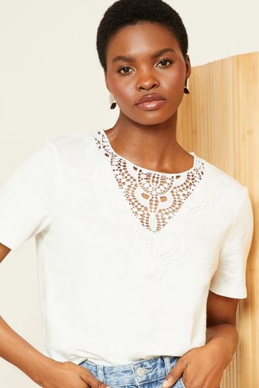 Love & Roses Ivory White Petite Crochet Lace Insert Short Sleeve Jersey Top