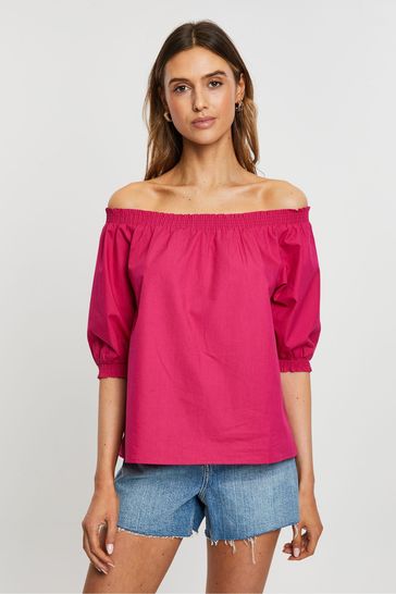 Threadbare Pink Bardot Puff Sleeve Top