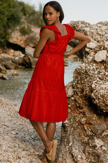Buy Threadbare Red Cotton Broderie Anglaise Midi Smock Dress from