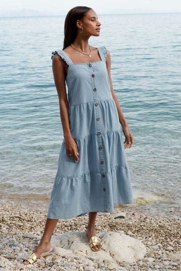 Threadbare Light Blue Linen Blend Tiered Midi Dress