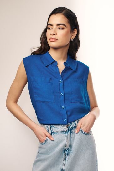 Cobalt Blue Sleeveless Ruched Side Linen Blend Shirt