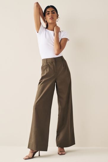 Chocolate Brown Cotton Mix Smart Wide Leg Trousers