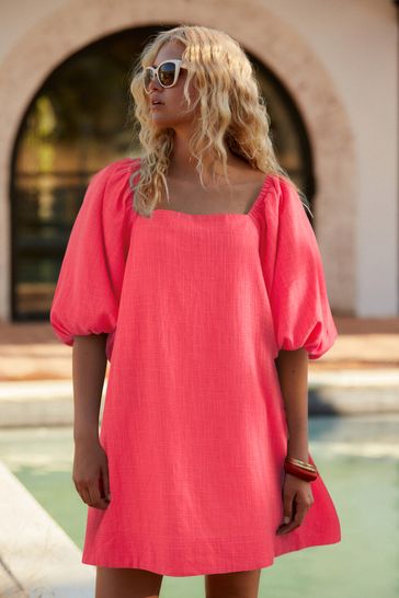 Coral Pink Linen Blend Puff Sleeve Mini Dress