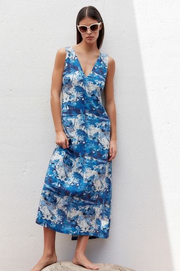 Blue Amalfi Print Linen Blend V Neck Midi Dress