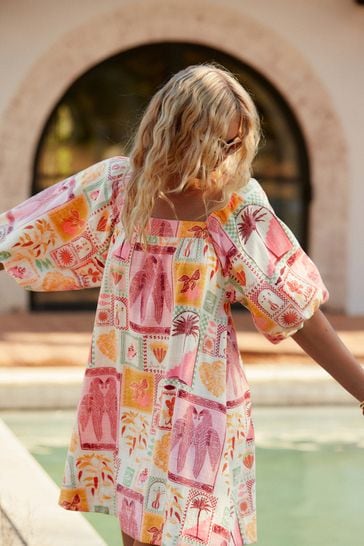 Buy Pink Printed Linen Blend Puff Sleeve Mini Dress from Next Luxembourg