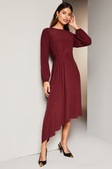 Lipsy Berry Red Long Sleeve Asymmetric Hanky Hem Pleated Midi Dress