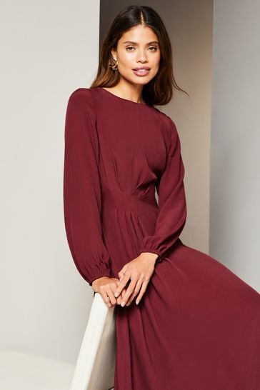 Lipsy Berry Red Long Sleeve Asymmetric Pleated Midi Dress