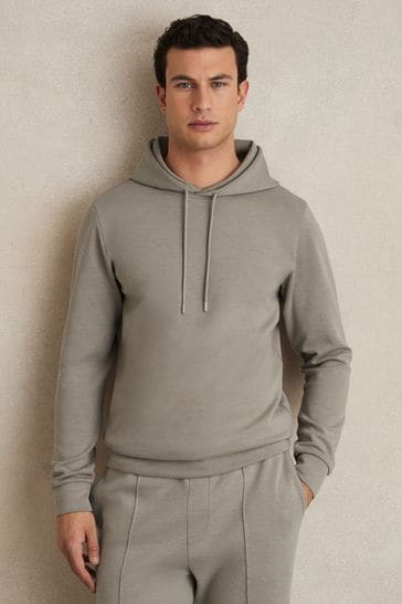 Reiss Taupe Fabien Plain Interlock Jersey Drawstring Hoodie