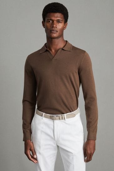 Reiss Pecan Brown Milburn Merino Wool Open Collar Polo Shirt