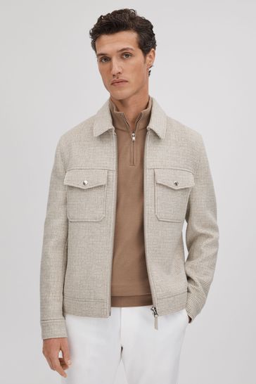 Reiss Oatmeal Maray Brushed Wool Blend Zip-Through Jacket