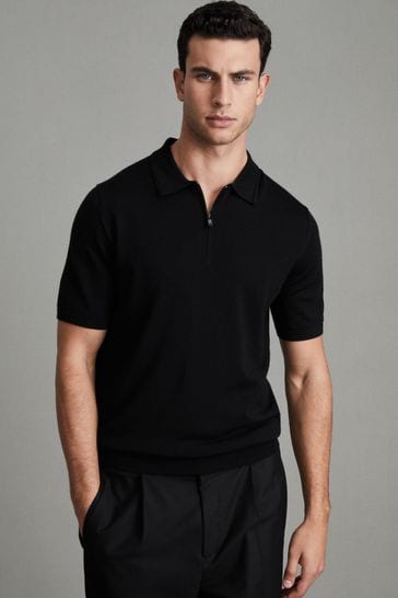 Reiss Black/Gunmetal Maxwell Merino Wool Half-Zip Polo Shirt