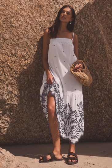 White Blue 100 Cotton Embroidered Bandeau Maxi Summer Dress