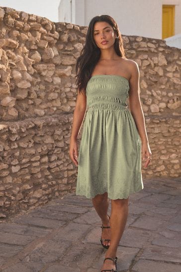 Buy Khaki Green 100 Cotton Bandeau Jersey Embroidered Hem Summer Dress from Next Bahrain