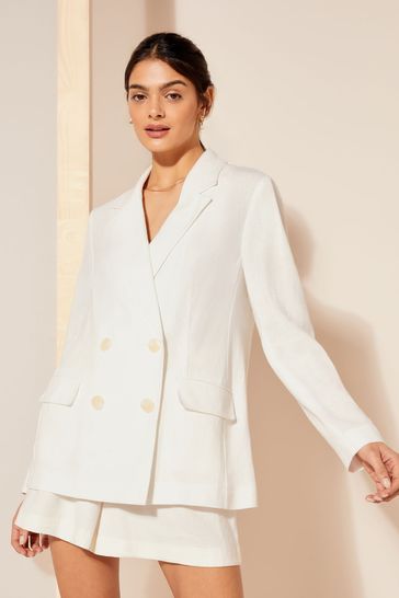 Friends Like These White Double Breasted Long Sleeve Blazer with Linen