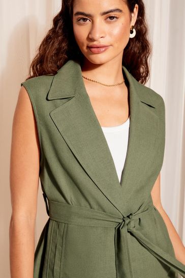 Friends Like These Khaki Green Khaki Green Sleeveless Tie Waist Blazer Co Ord with Linen